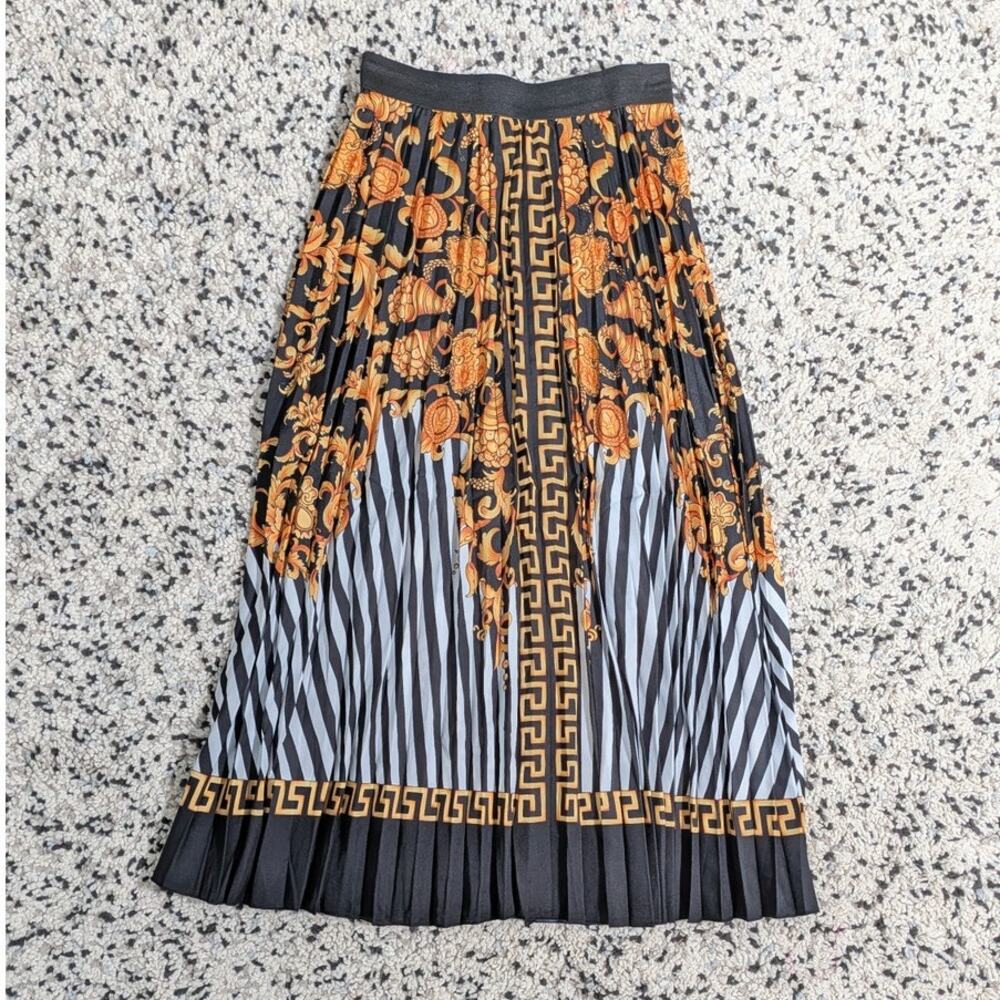 Ornate Baroque & Greek Key Pleated Midi Skirt - Black & Gold Striped
